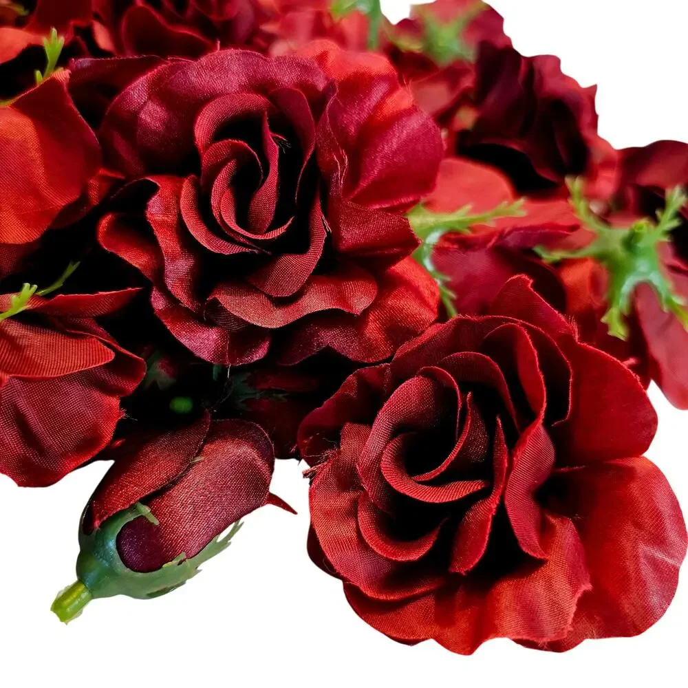 105 Burgundy Red Satin Rose Heads Lot Open Roses Buds Stemless Wedding Craft
